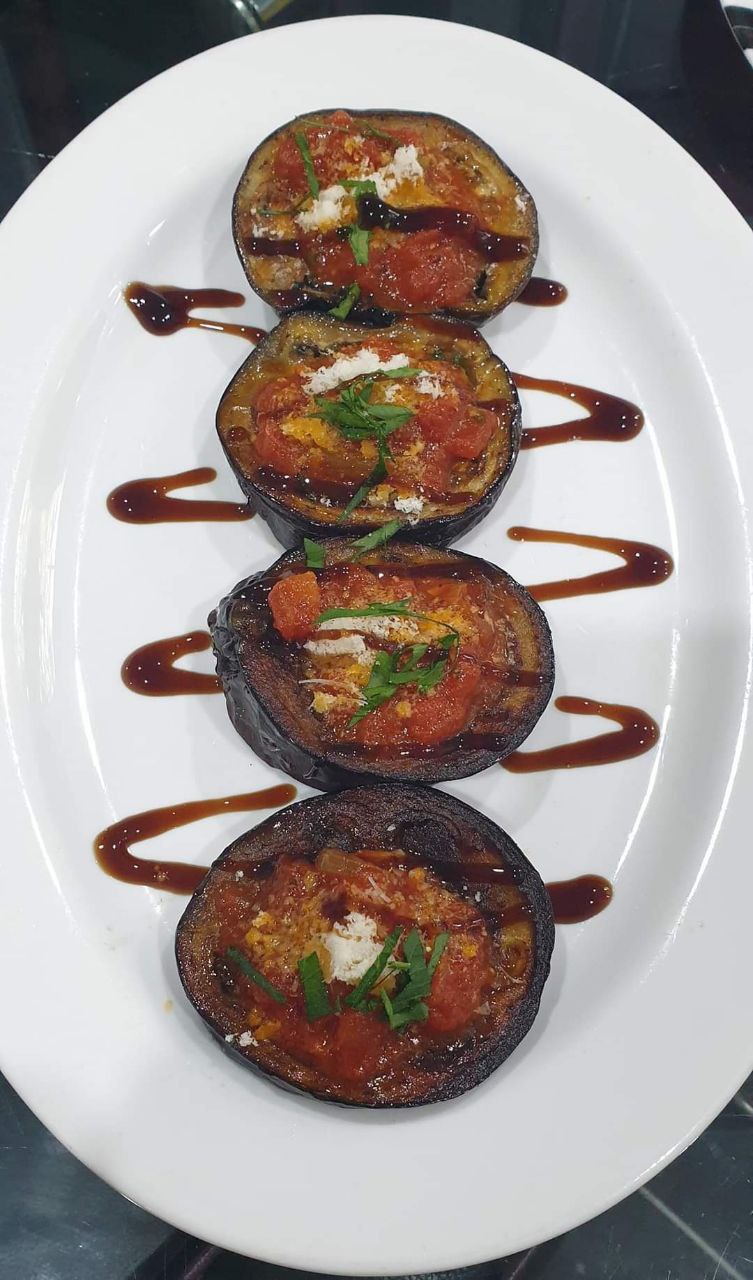 Eggplants with tomato pesto and parmesan rubbish